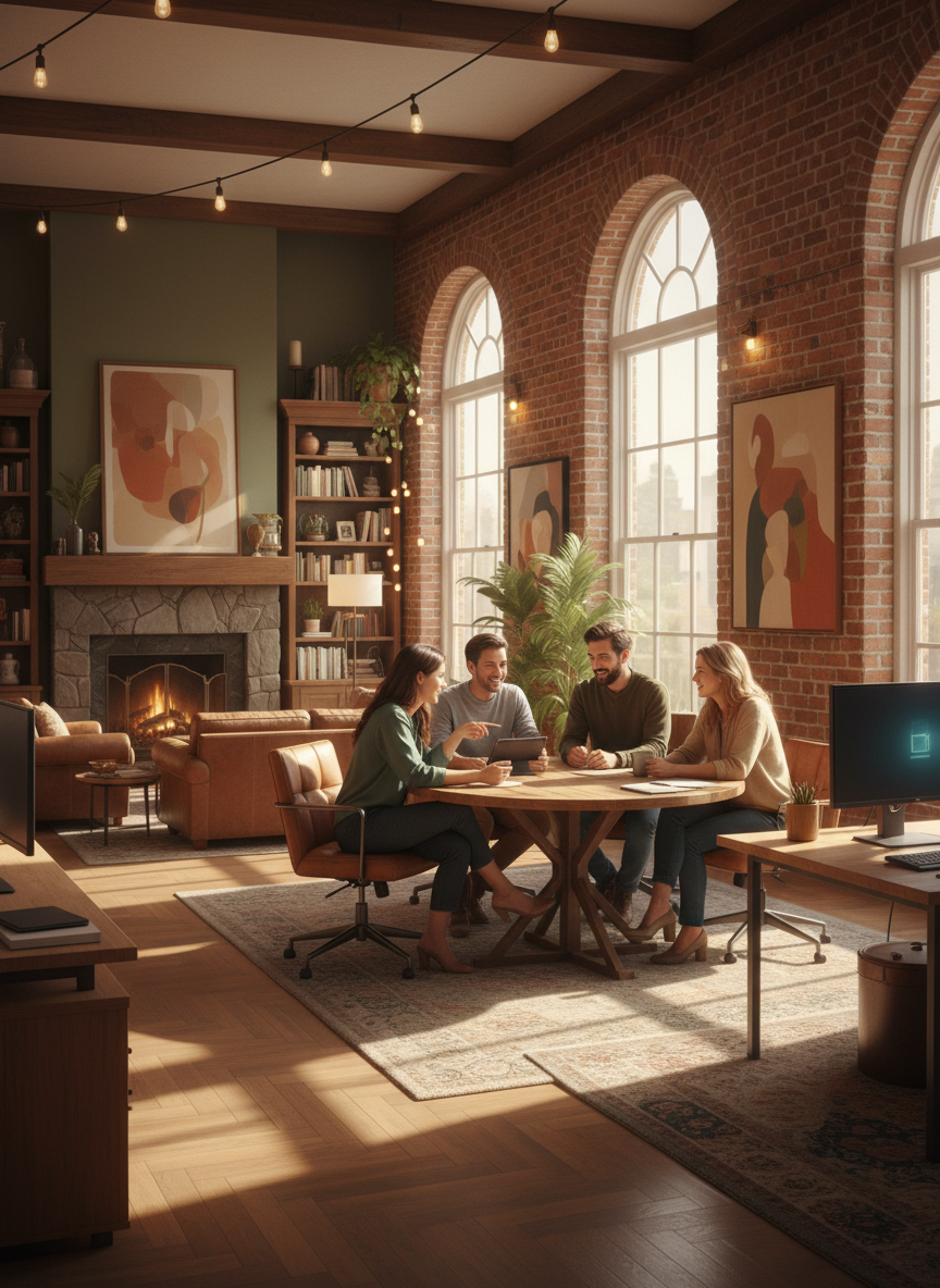 a warm office setting with a few people in it, inspired by the uploaded image